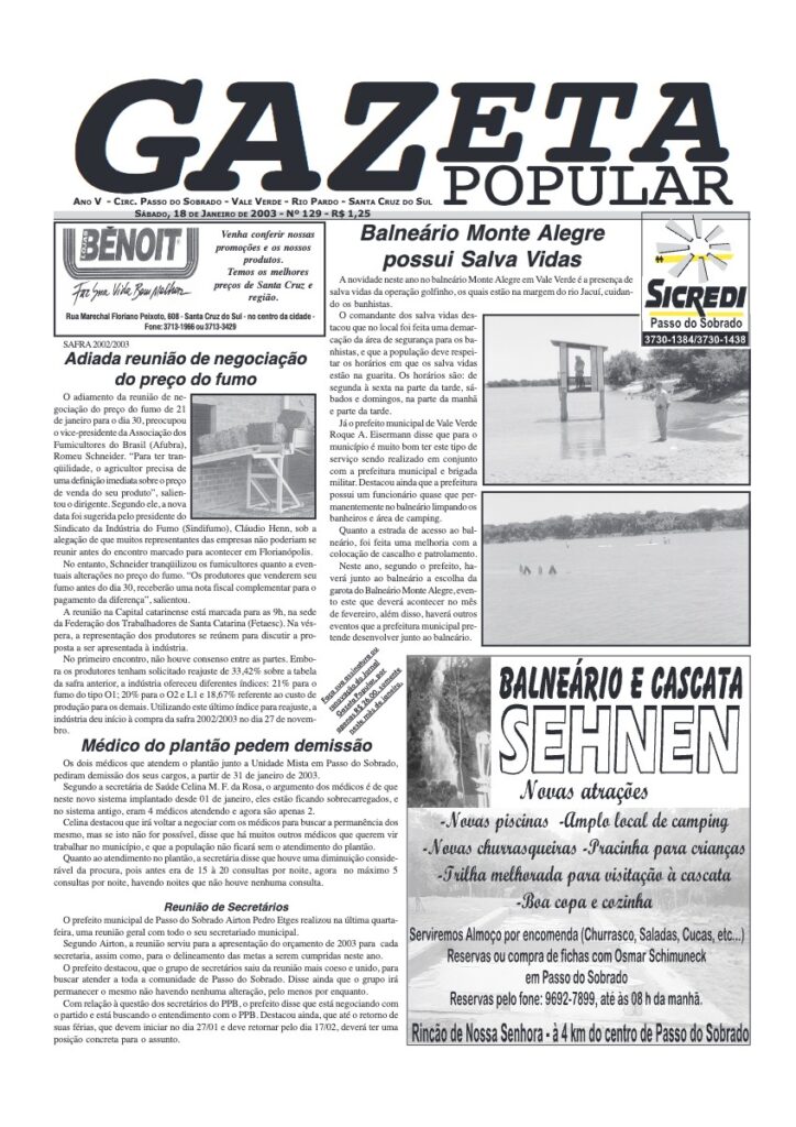 Capa de Gazeta Popular — Edição 129 — 18/01/2003