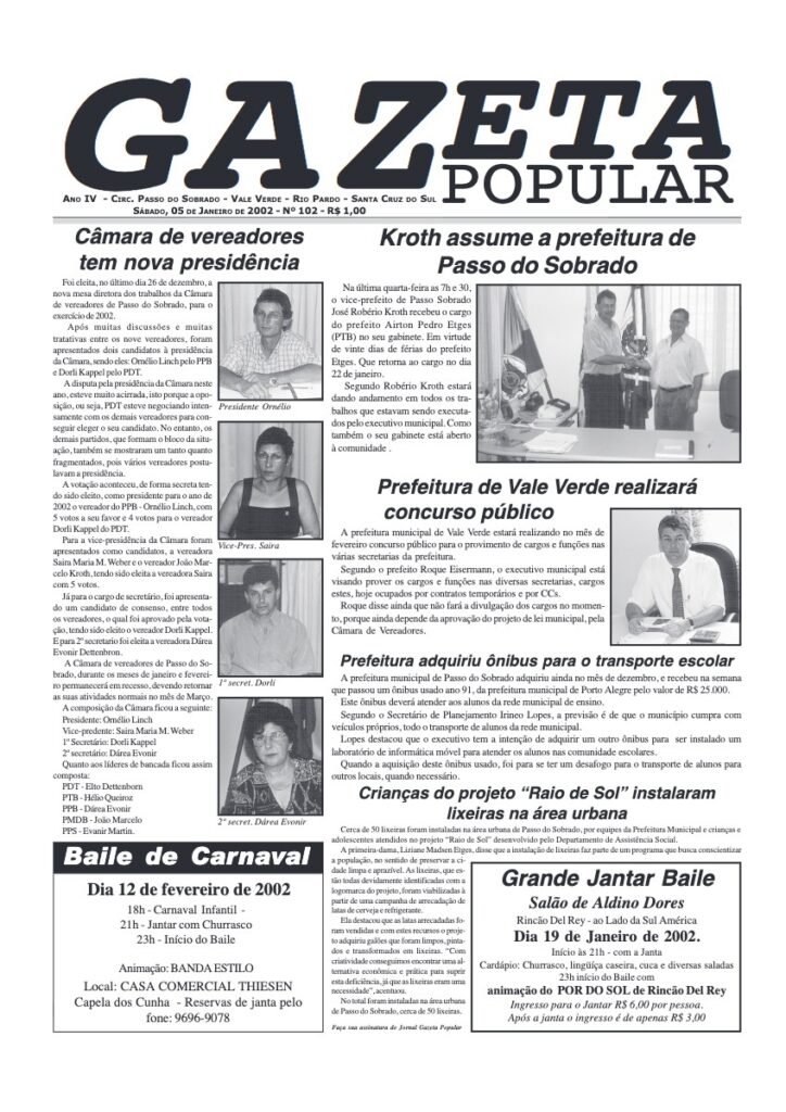 Capa de Gazeta Popular — Edição 102 — 05/01/2002