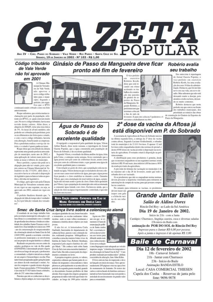 Capa de Gazeta Popular — Edição 103 — 19/01/2002