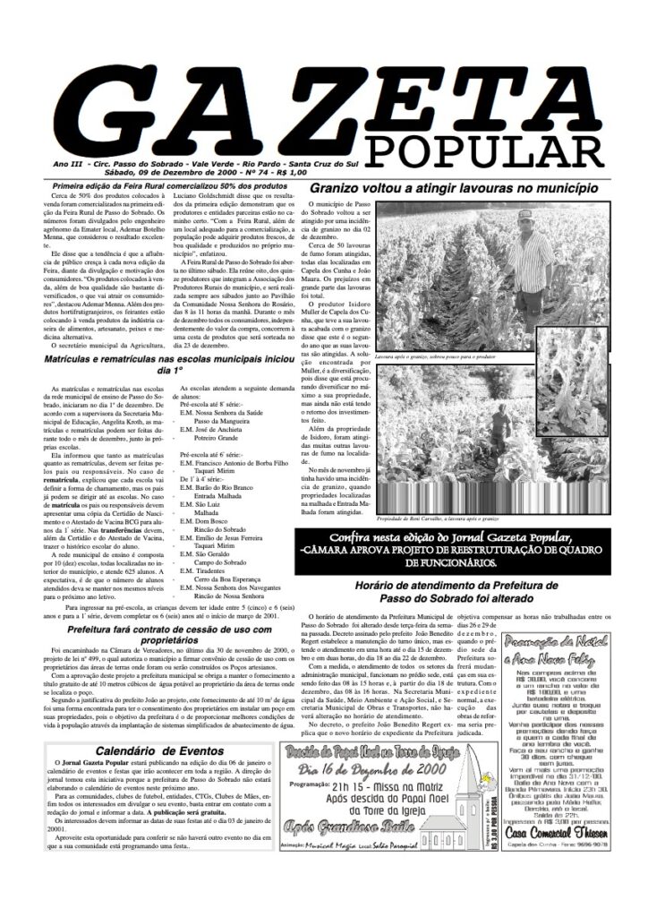 Capa de Gazeta Popular — Edição 74 — 09/12/2000
