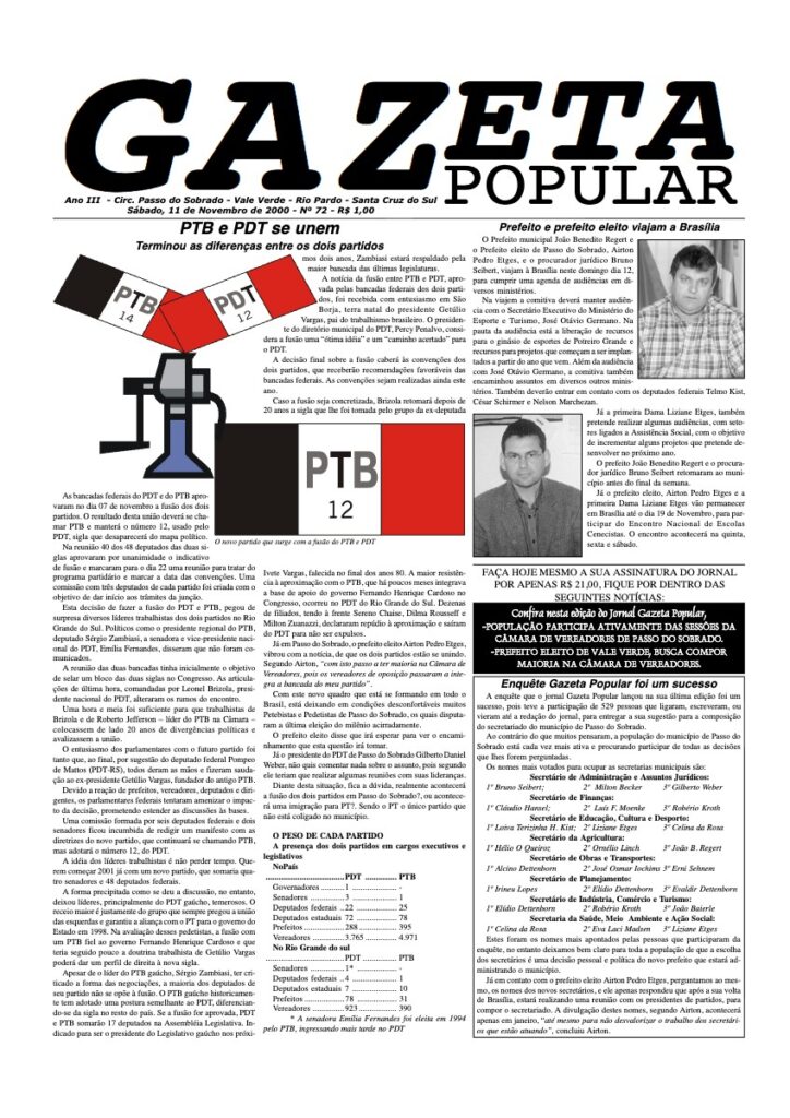 Capa de Gazeta Popular — Edição 72 — 11/11/2000