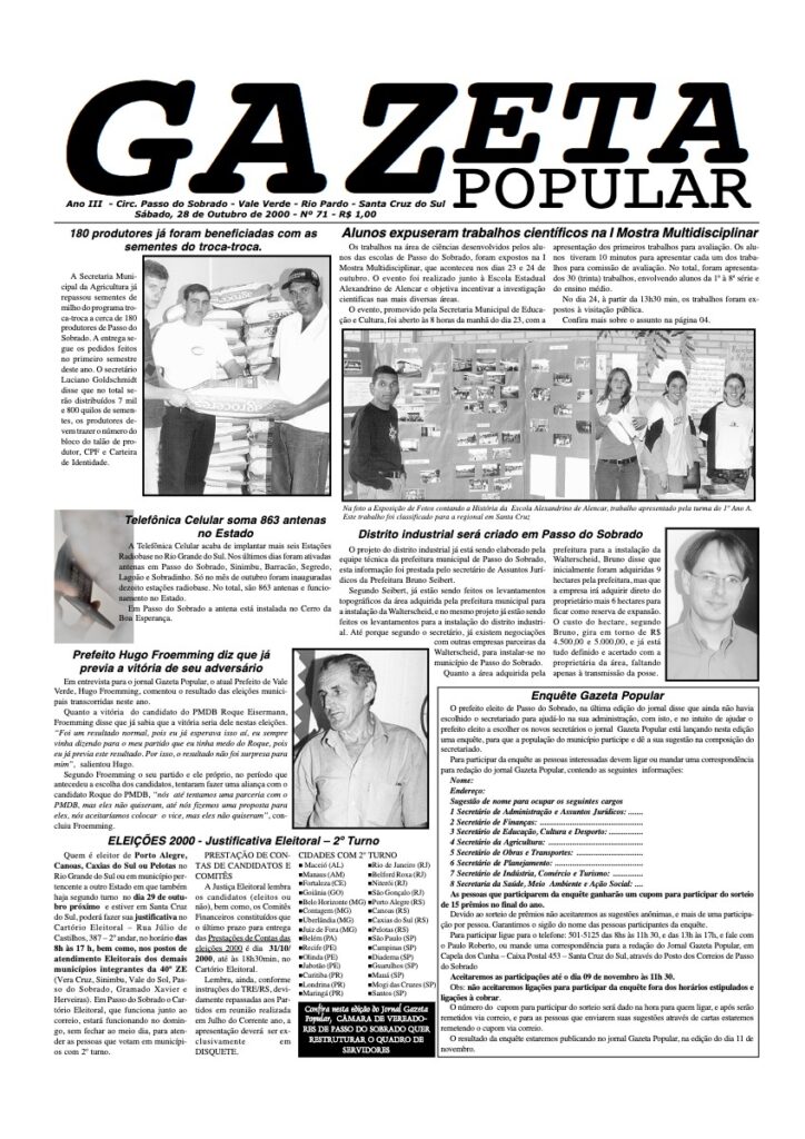 Capa de Gazeta Popular — Edição 71 — 28/10/2000
