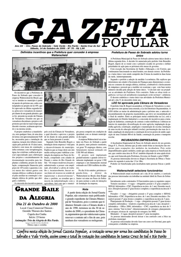 Capa de Gazeta Popular — Edição 70 — 14/10/2000