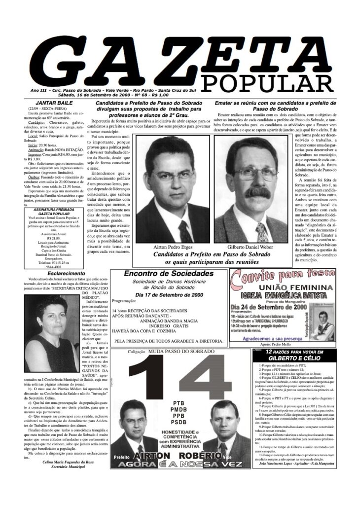 Capa de Gazeta Popular — Edição 68 — 16/09/2000
