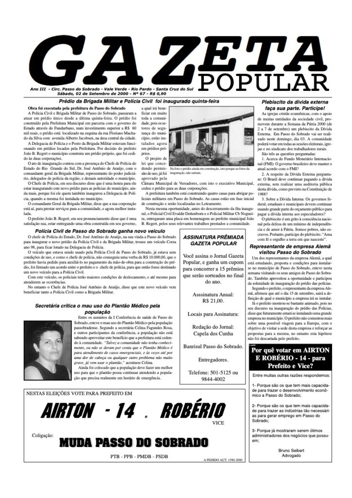 Capa de Gazeta Popular — Edição 67 — 02/09/2000