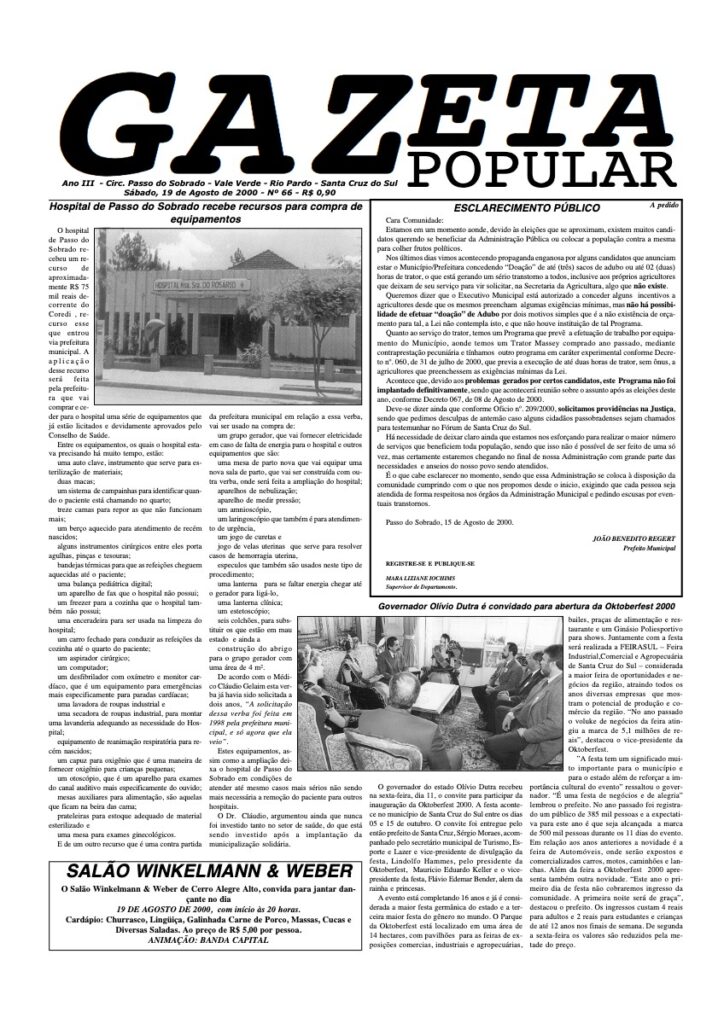 Capa de Gazeta Popular — Edição 66 — 19/08/2000