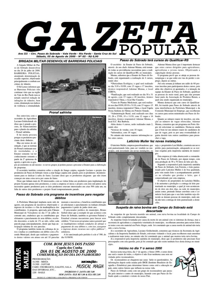 Capa de Gazeta Popular — Edição 65 — 05/08/2000