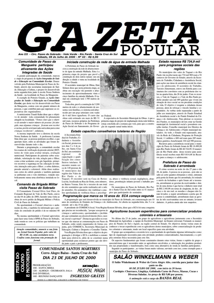 Capa de Gazeta Popular — Edição 63 — 08/07/2000
