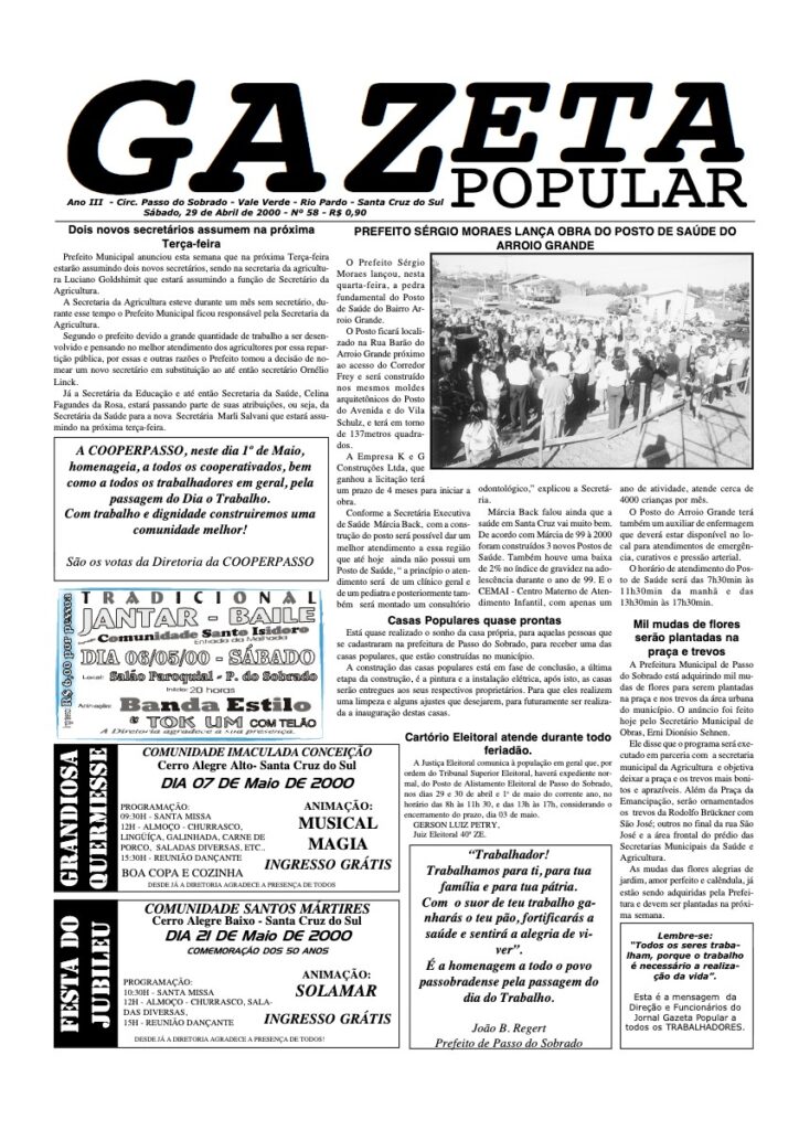 Capa de Gazeta Popular — Edição 58 — 29/04/2000