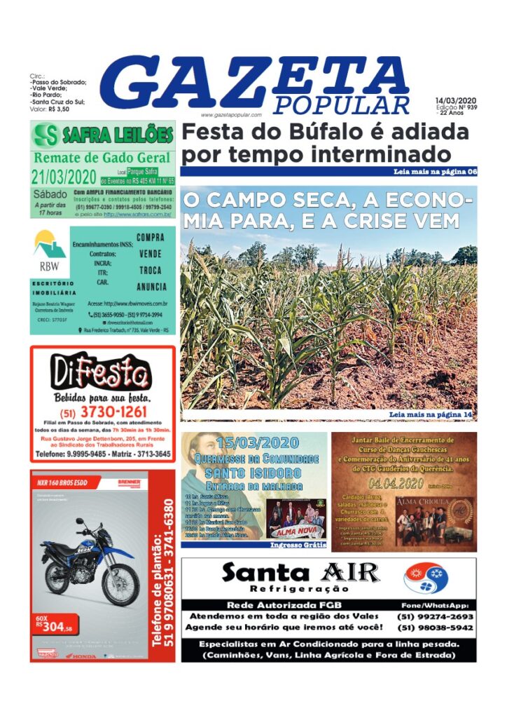 Capa de Gazeta Popular — Edição 939 — 14/03/2020