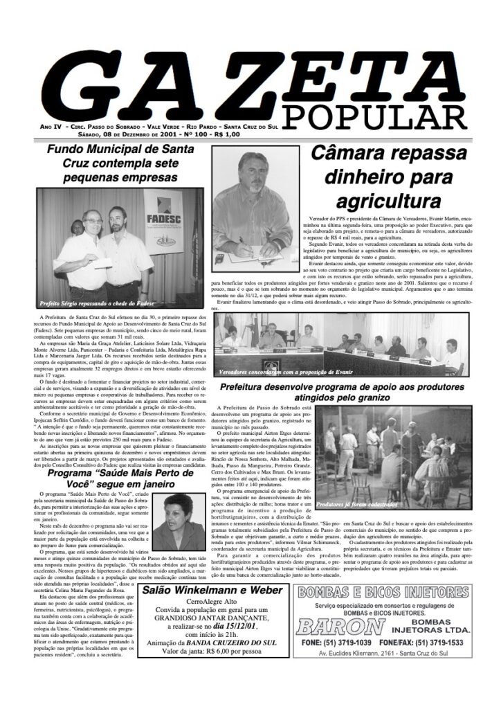 Capa de Gazeta Popular — Edição 100 — 08/12/2001