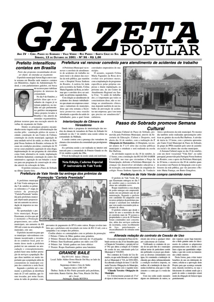 Capa de Gazeta Popular — Edição 96 — 13/10/2001