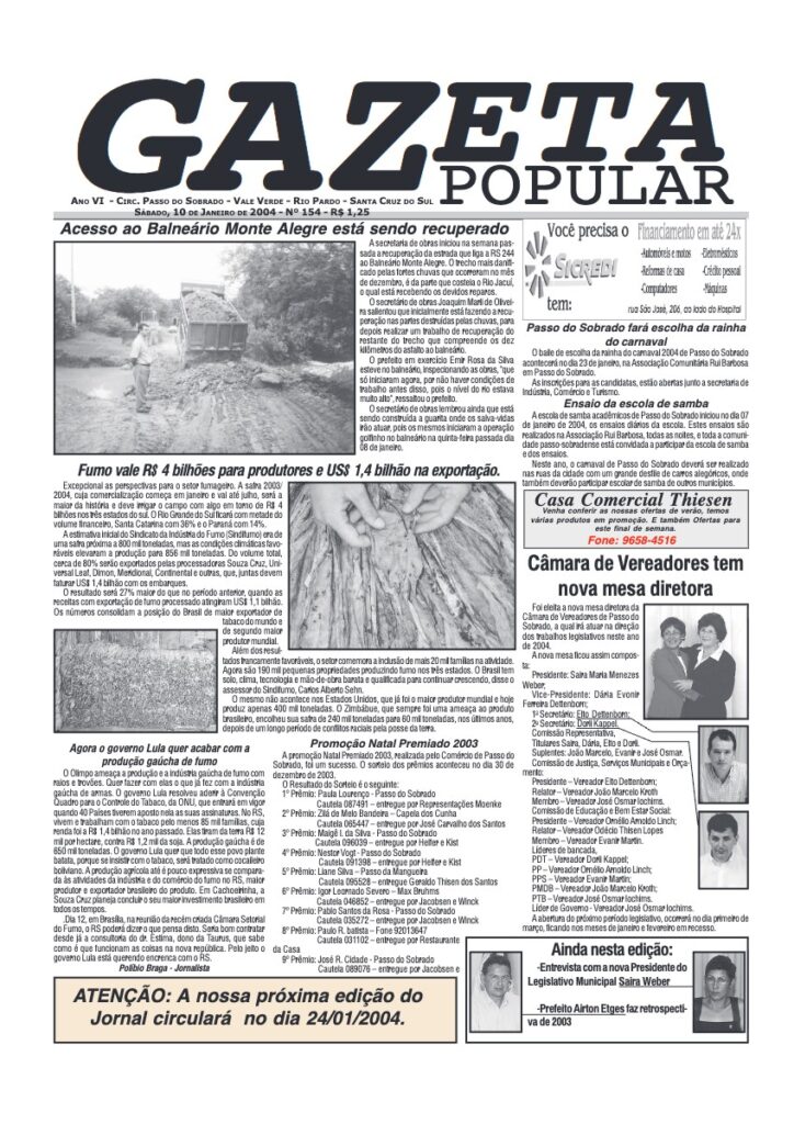 Capa de Gazeta Popular — Edição 154 — 10/01/2004